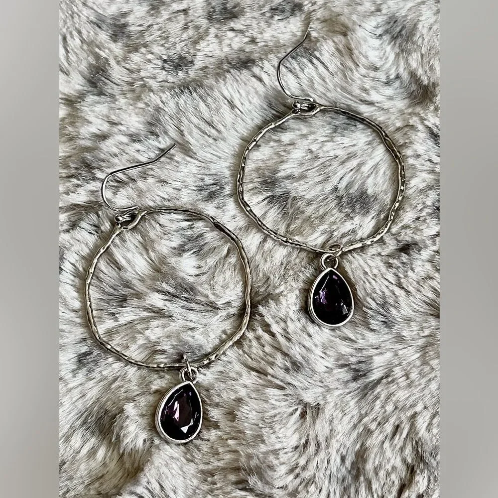Purple -Textured Silver Hoop Drop Earrings Dark Purple Charm Formal Casual Chic
